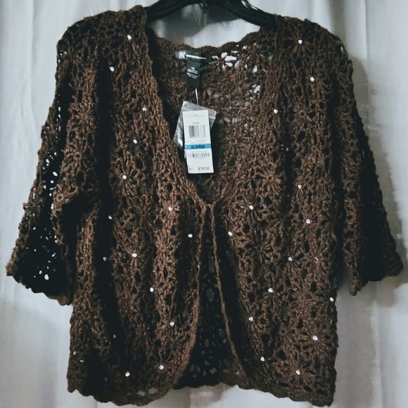 NWT INC Brown Crochet & Rhinestone Open Front Short Cardigan Sz XL - Picture 1 of 7